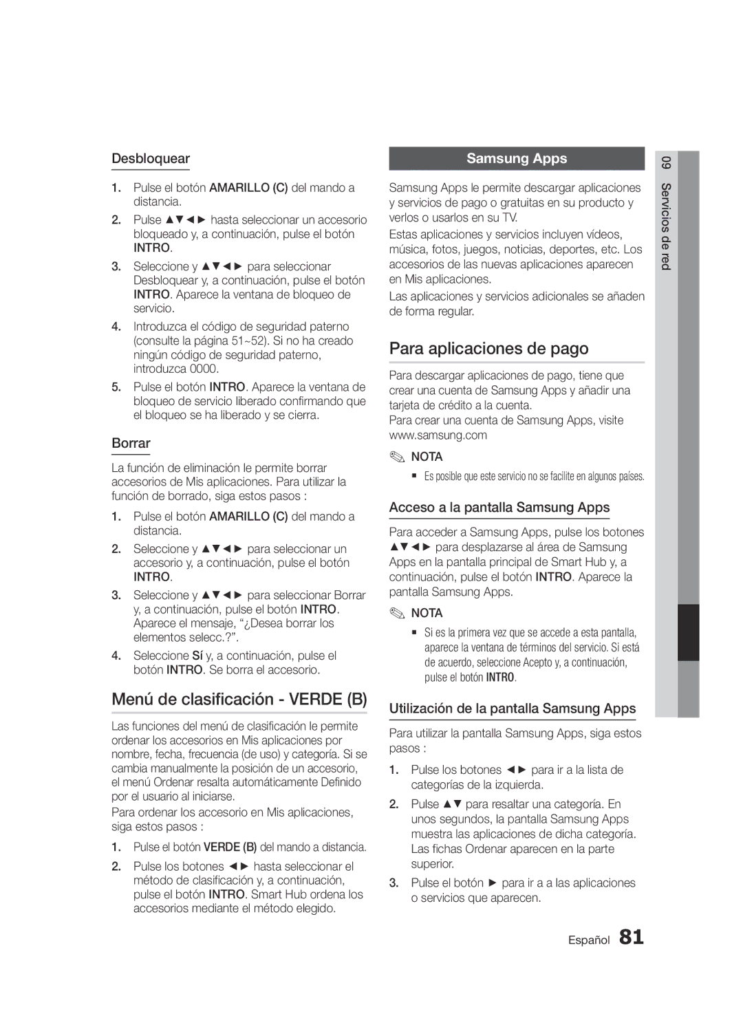 Samsung BD-D8900/ZF manual Menú de clasificación Verde B, Para aplicaciones de pago 