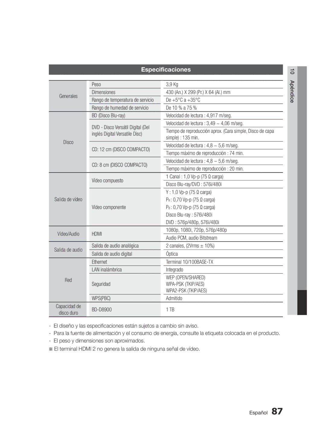 Samsung BD-D8900/ZF manual Especificaciones 