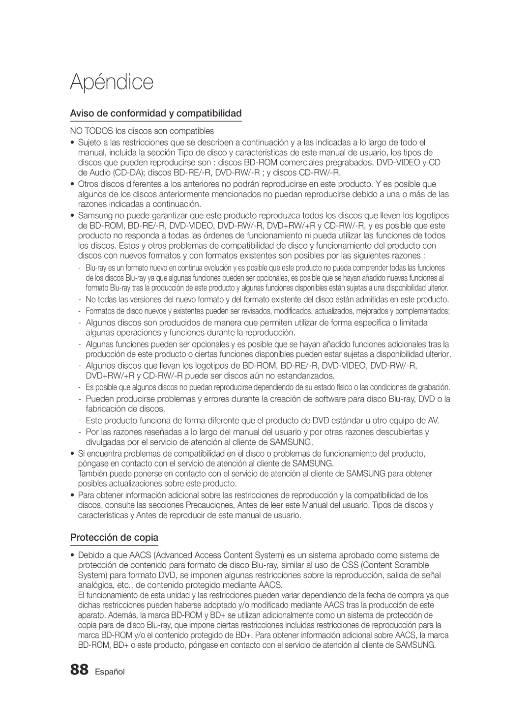 Samsung BD-D8900/ZF manual Aviso de conformidad y compatibilidad, Protección de copia, No Todos los discos son compatibles 