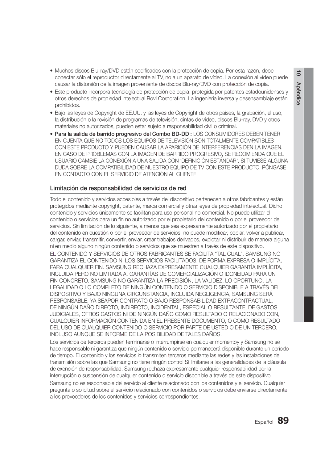 Samsung BD-D8900/ZF manual Limitación de responsabilidad de servicios de red 