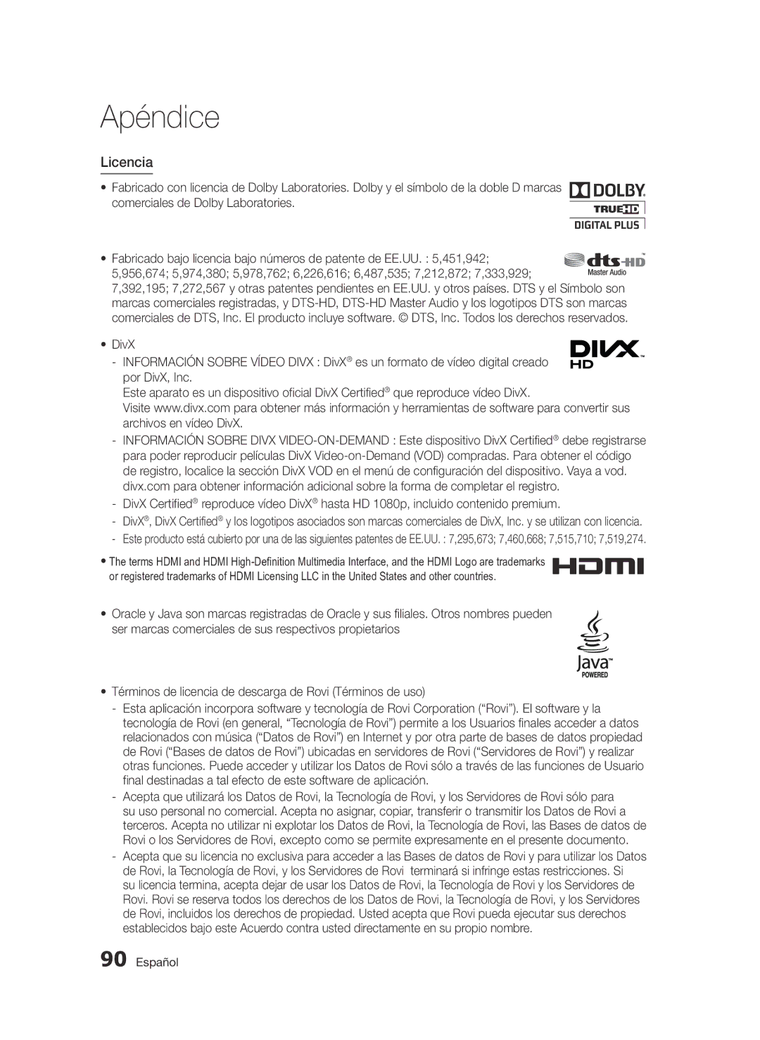 Samsung BD-D8900/ZF manual Licencia 