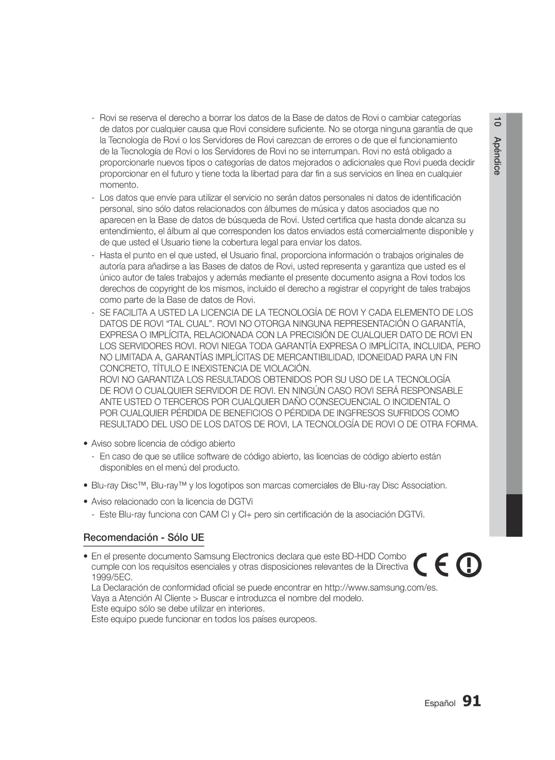 Samsung BD-D8900/ZF manual Recomendación Sólo UE 