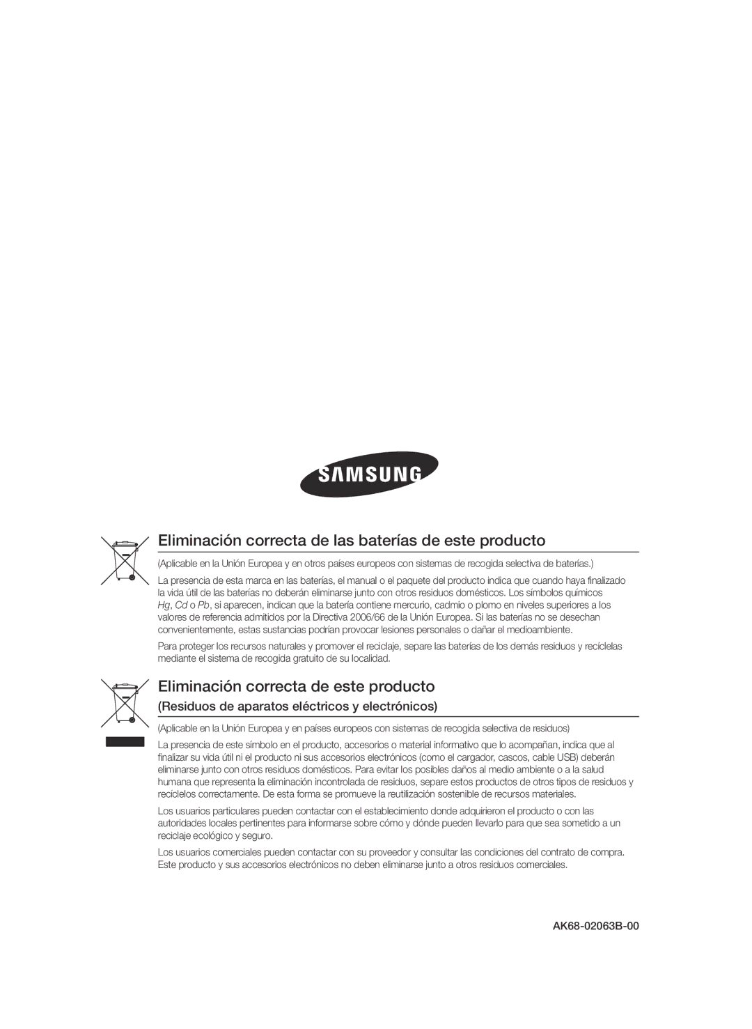 Samsung BD-D8900/ZF manual Eliminación correcta de las baterías de este producto 