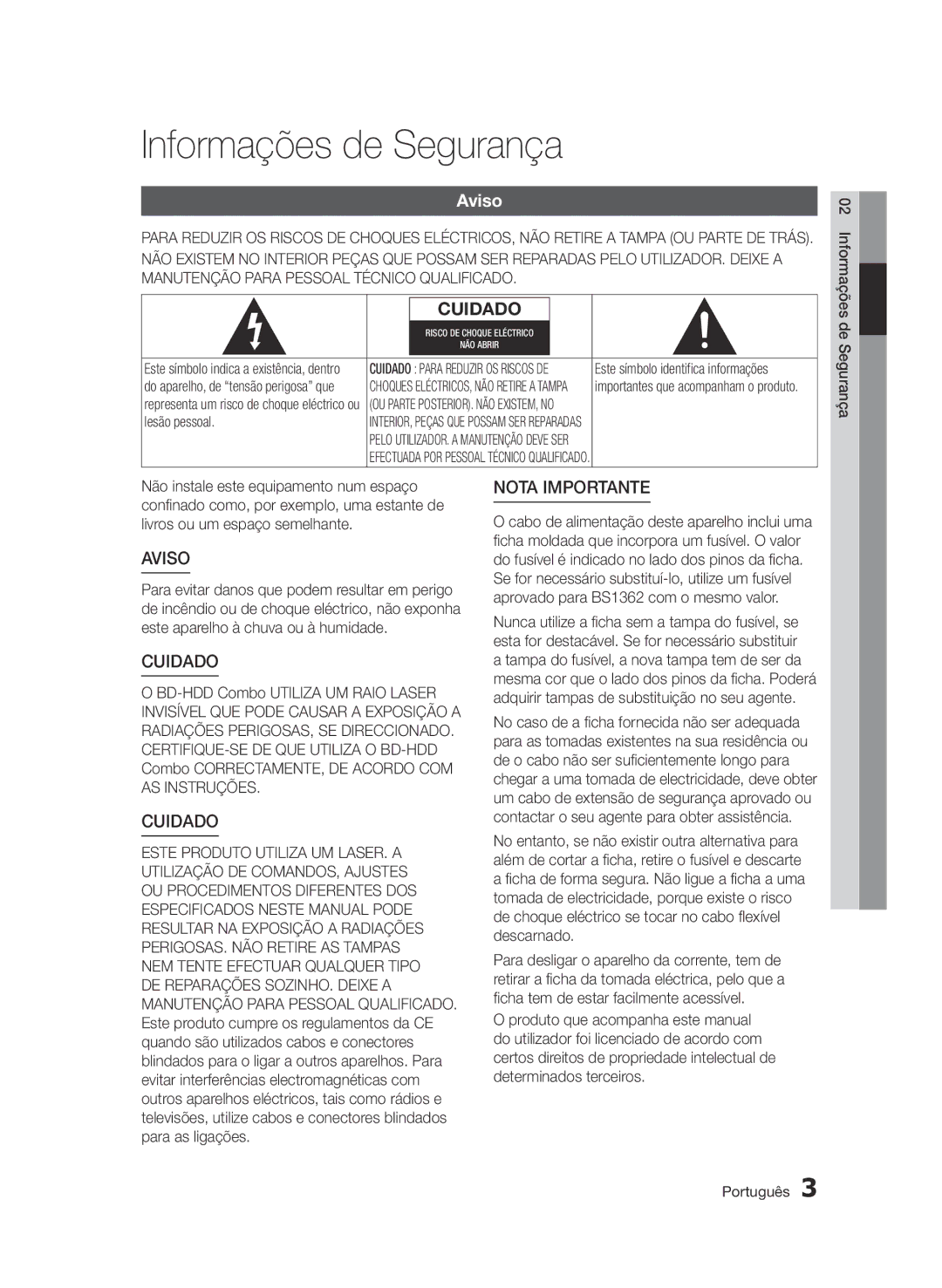 Samsung BD-D8900/ZF manual Informações de Segurança, Aviso 