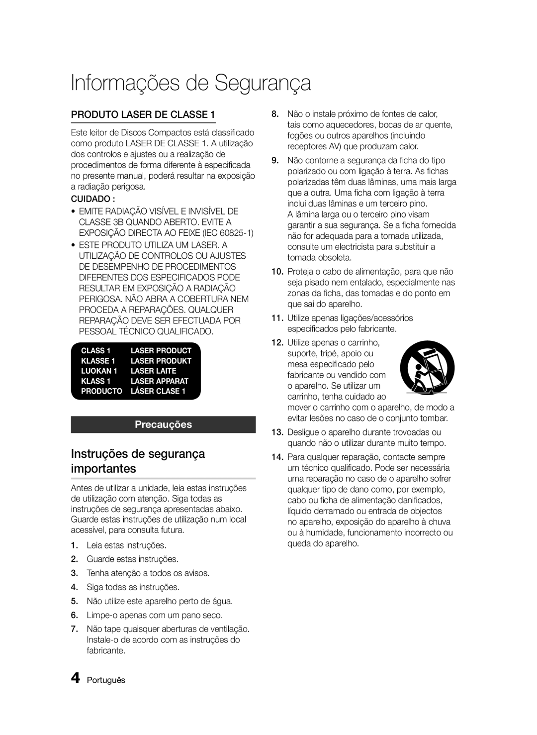 Samsung BD-D8900/ZF manual Instruções de segurança importantes, Precauções, Cuidado 