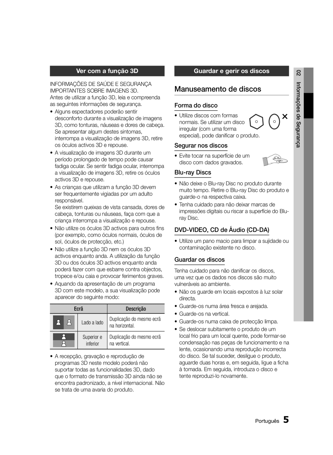 Samsung BD-D8900/ZF manual Manuseamento de discos, Ver com a função 3D, Guardar e gerir os discos 