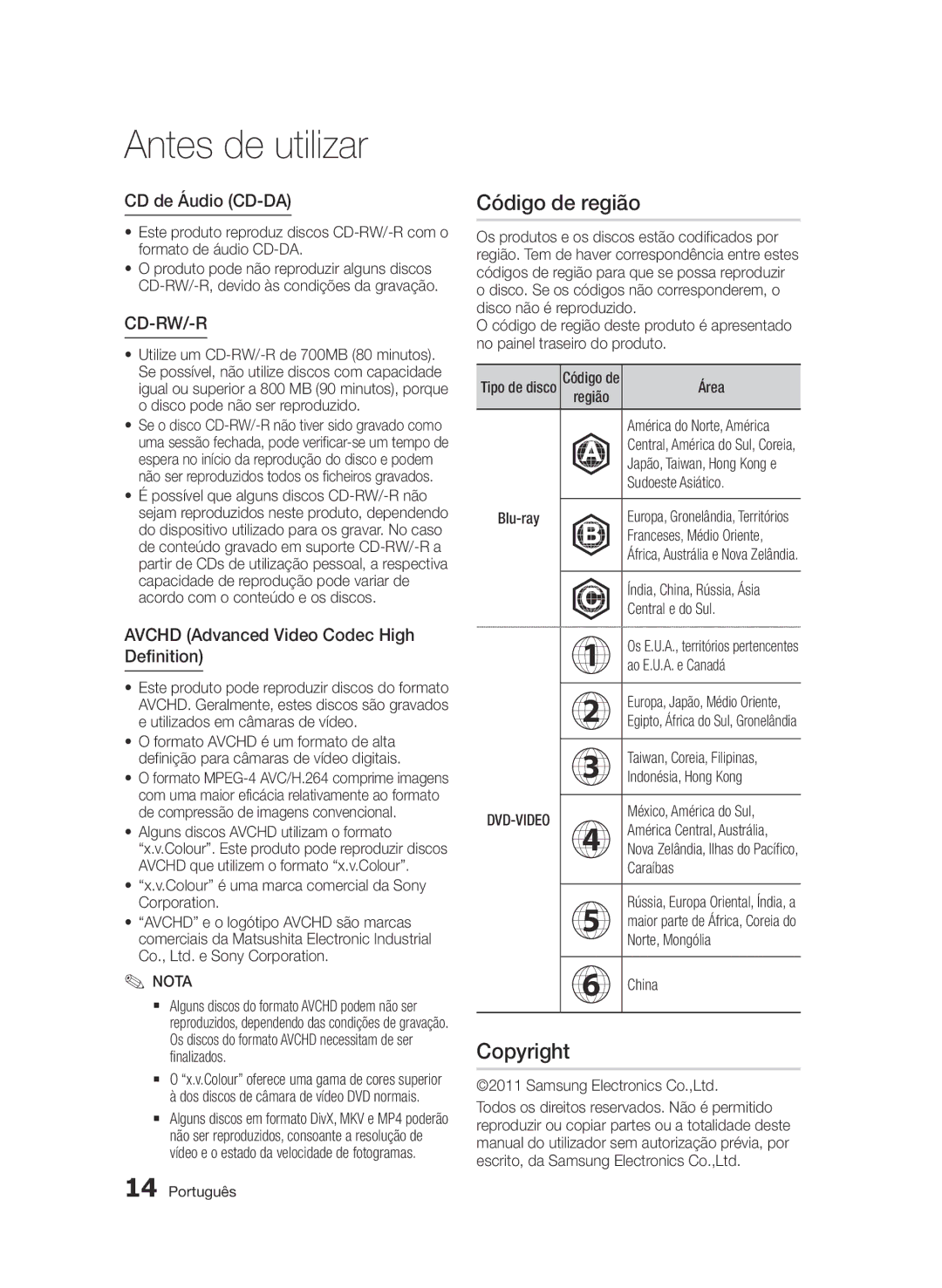 Samsung BD-D8900/ZF manual Código de região, CD de Áudio CD-DA 