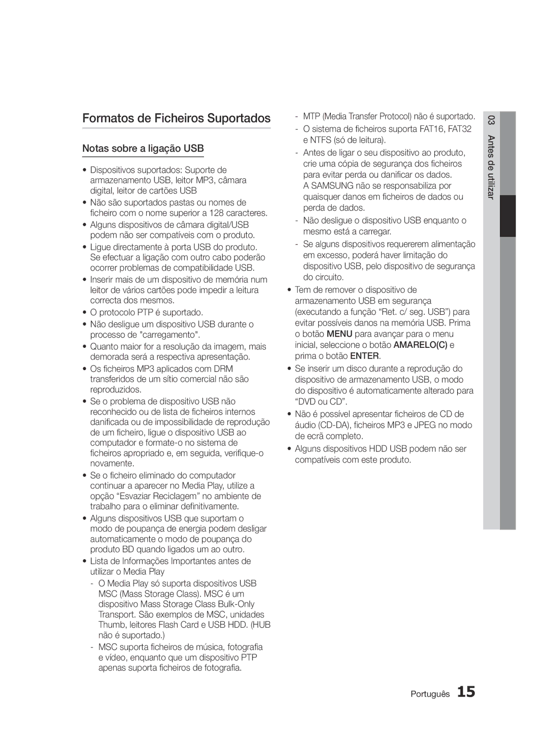 Samsung BD-D8900/ZF manual Formatos de Ficheiros Suportados, Notas sobre a ligação USB, Ntfs só de leitura 