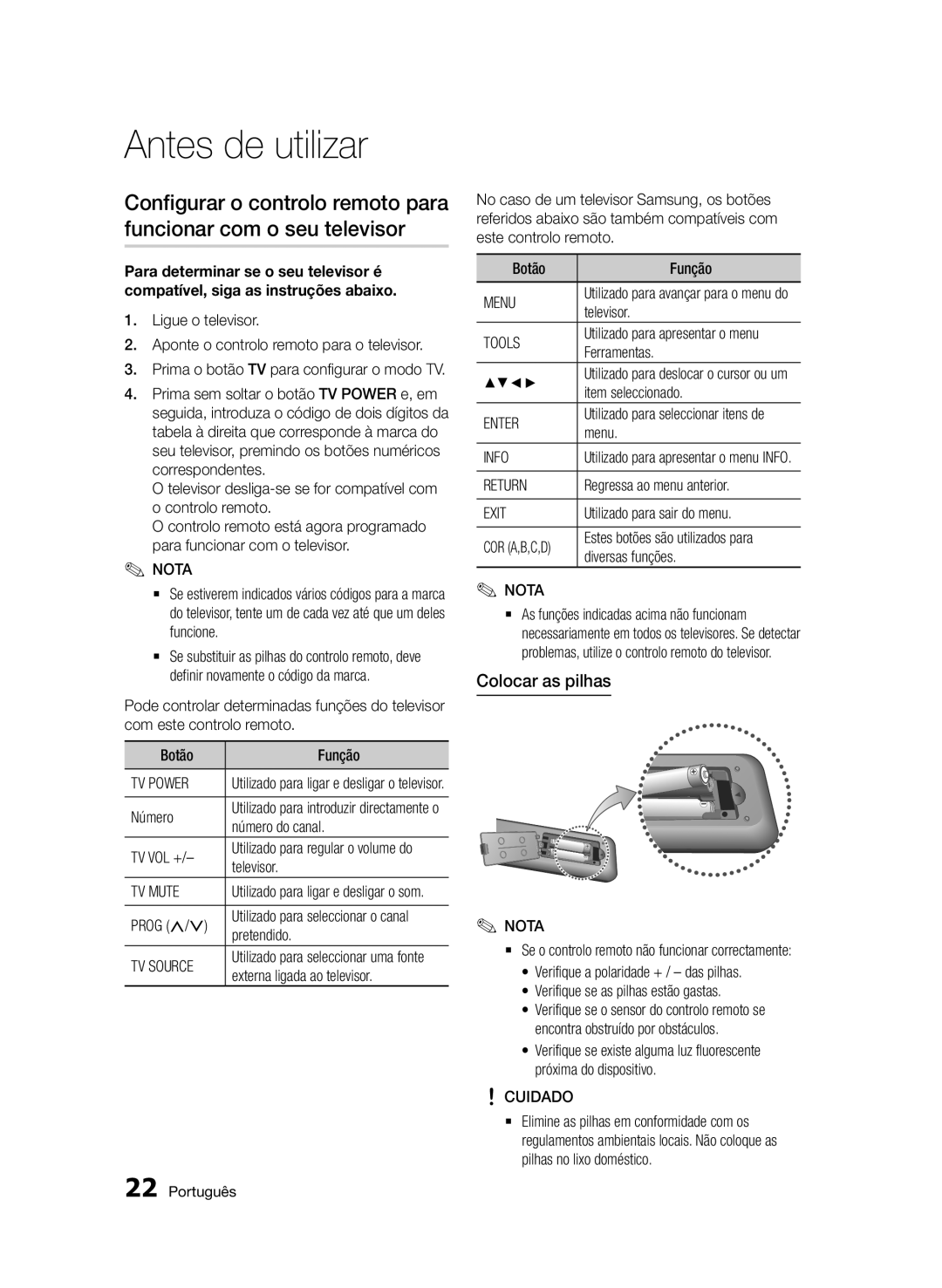 Samsung BD-D8900/ZF manual Colocar as pilhas, Enter 