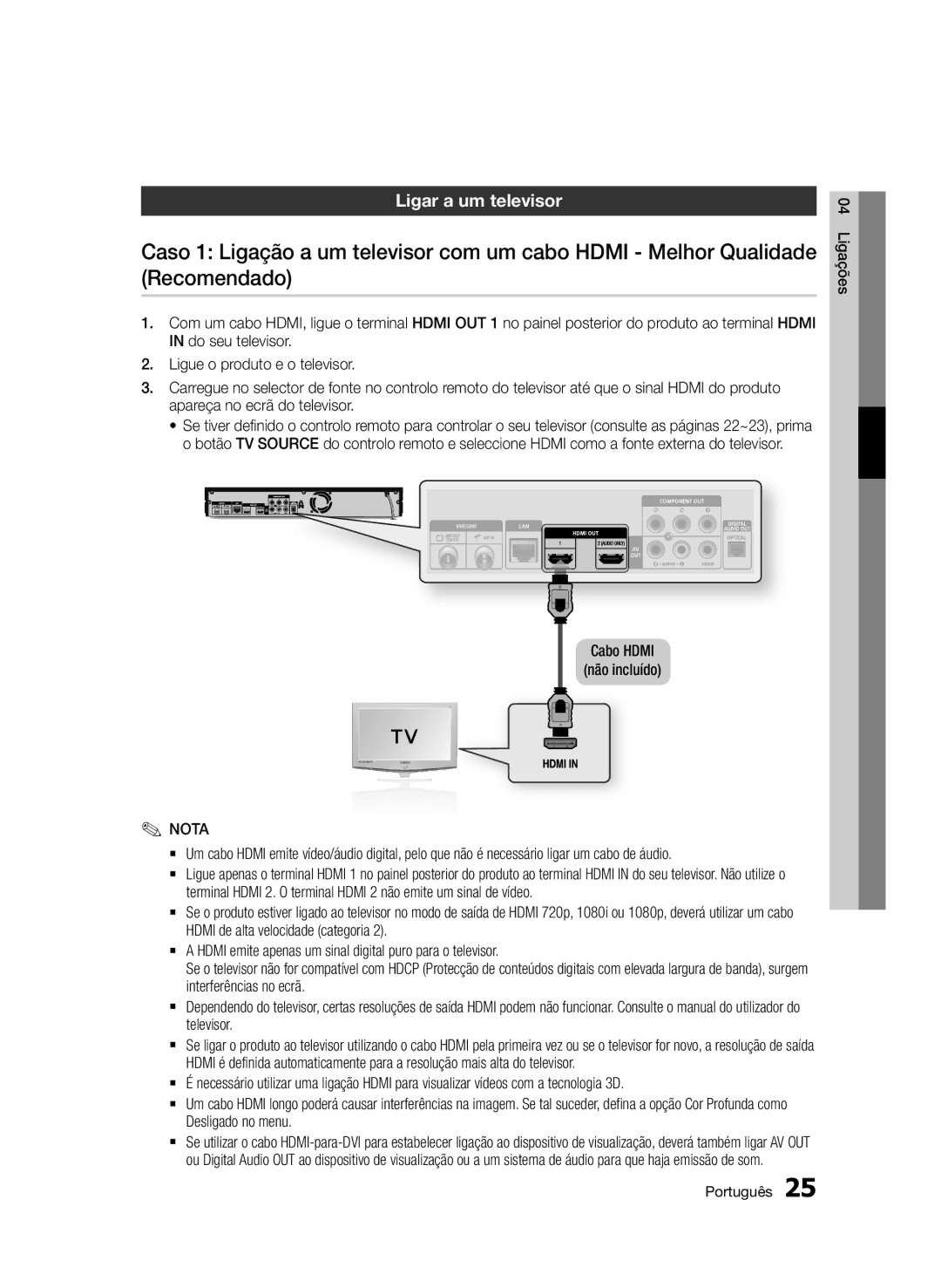 Samsung BD-D8900/ZF manual Ligar a um televisor, Cabo Hdmi Não incluído, Ligações Português 