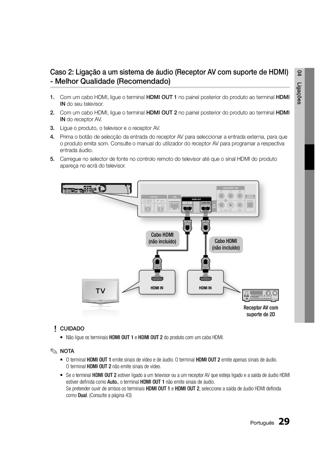 Samsung BD-D8900/ZF manual Receptor AV com Suporte de 2D, Cuidado 