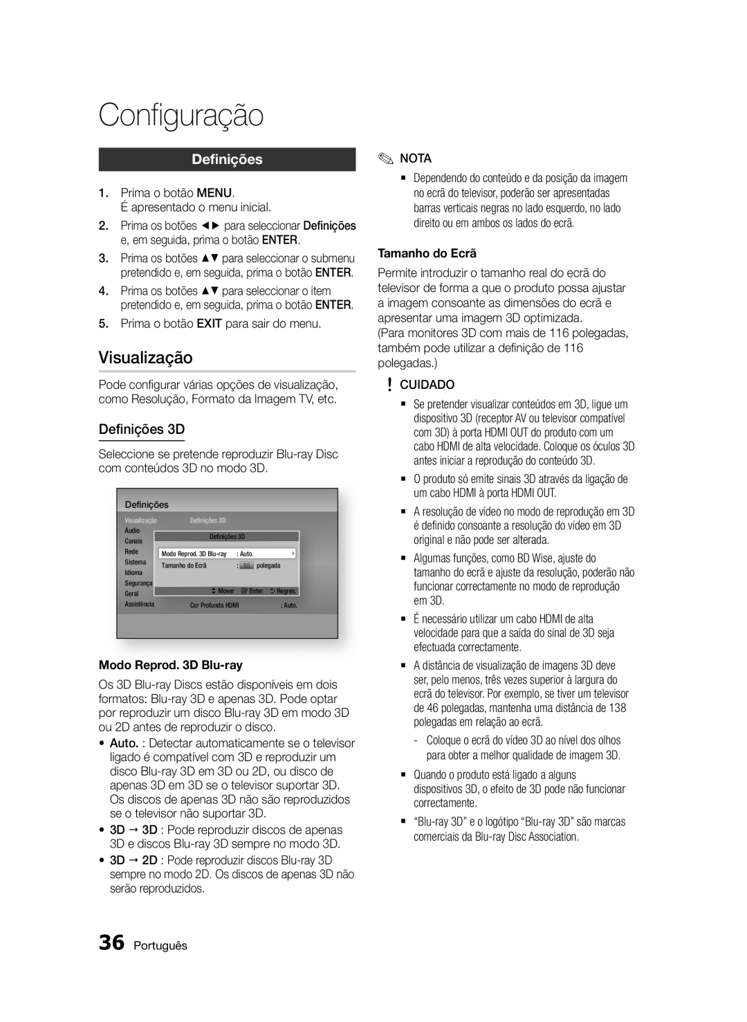 Samsung BD-D8900/ZF manual Visualização, Definições 3D, Modo Reprod D Blu-ray, Tamanho do Ecrã 