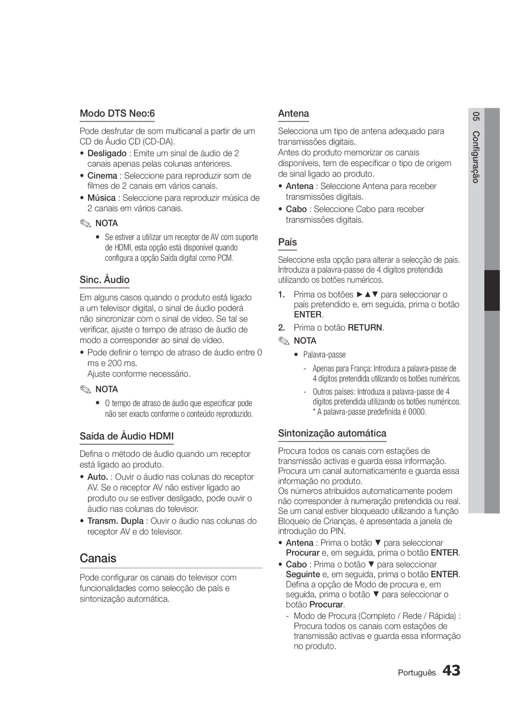 Samsung BD-D8900/ZF manual Canais, Sinc. Áudio, Saída de Áudio Hdmi, Sintonização automática, Prima o botão Return 