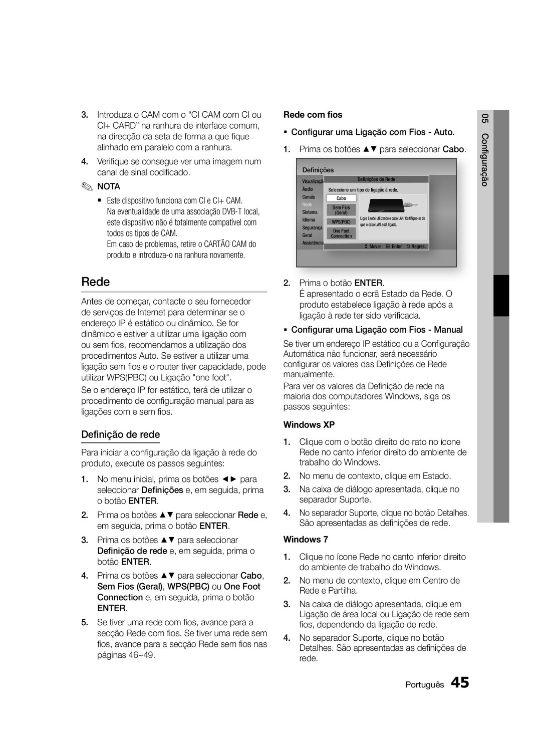 Samsung BD-D8900/ZF manual Definição de rede, Rede com fios 