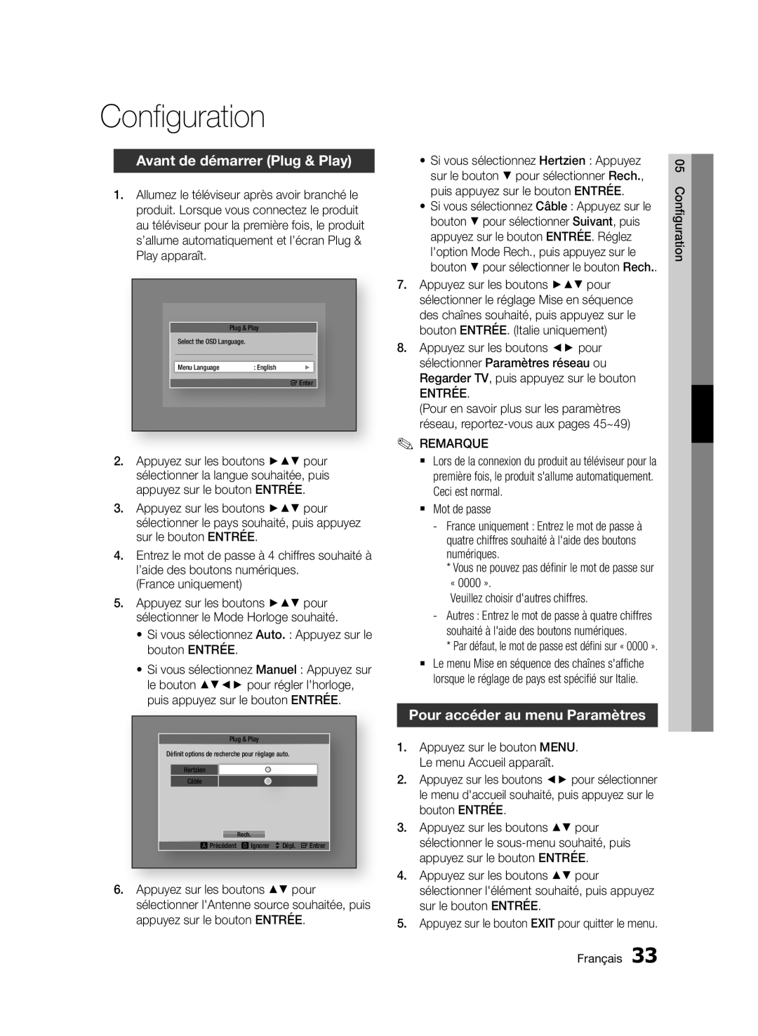 Samsung BD-D8900/ZF manual Configuration, Avant de démarrer Plug & Play, Pour accéder au menu Paramètres 