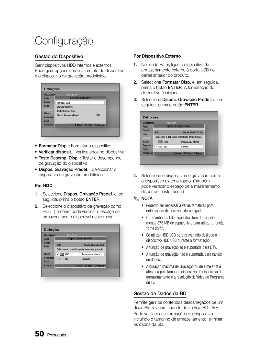 Samsung BD-D8900/ZF manual Gestão do Dispositivo, Gestão de Dados da BD, Formatar Disp. Formatar o dispositivo, Por HDD 