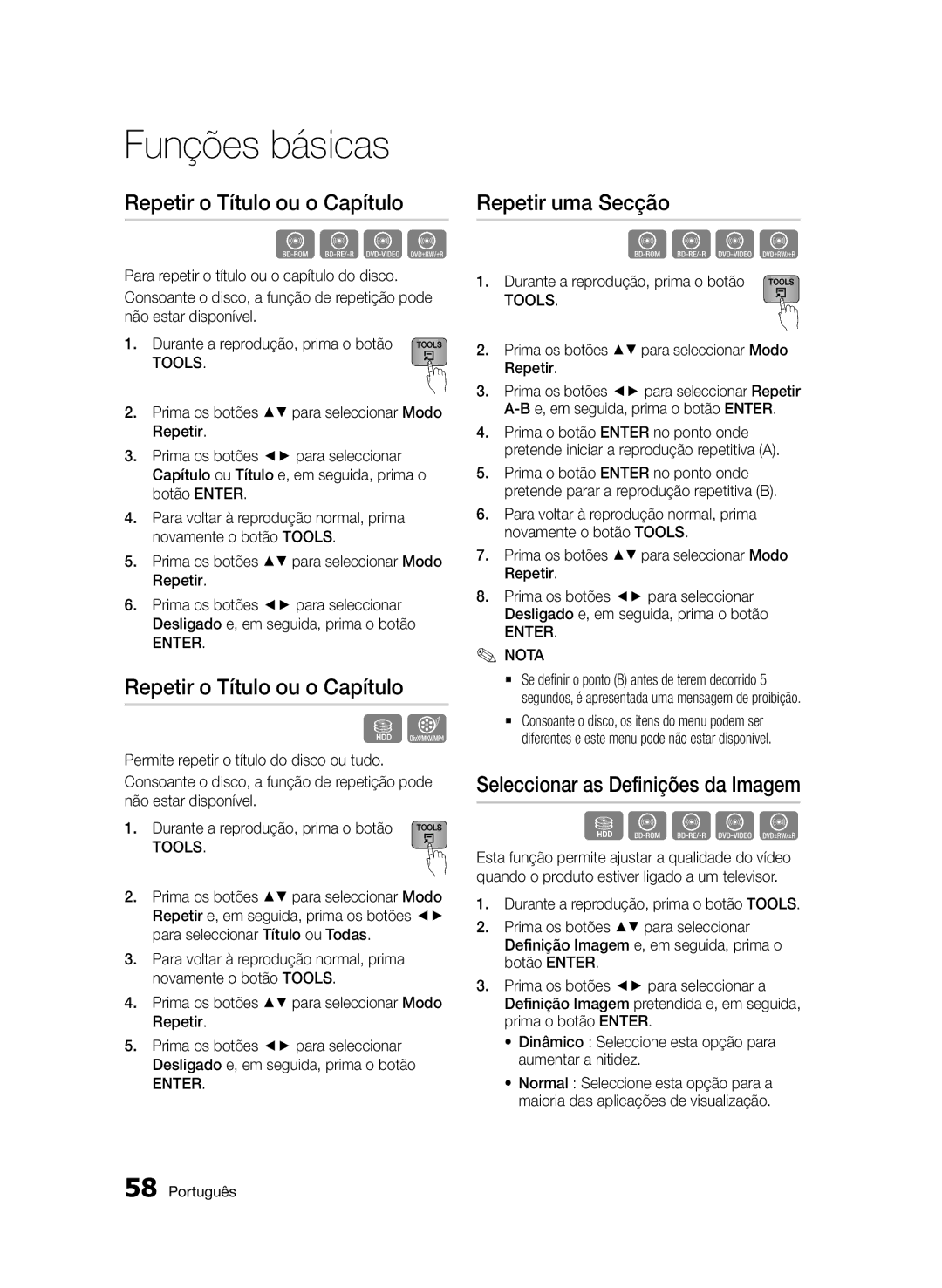 Samsung BD-D8900/ZF Repetir o Título ou o Capítulo, Repetir uma Secção, Seleccionar as Definições da Imagem, Enter Nota 