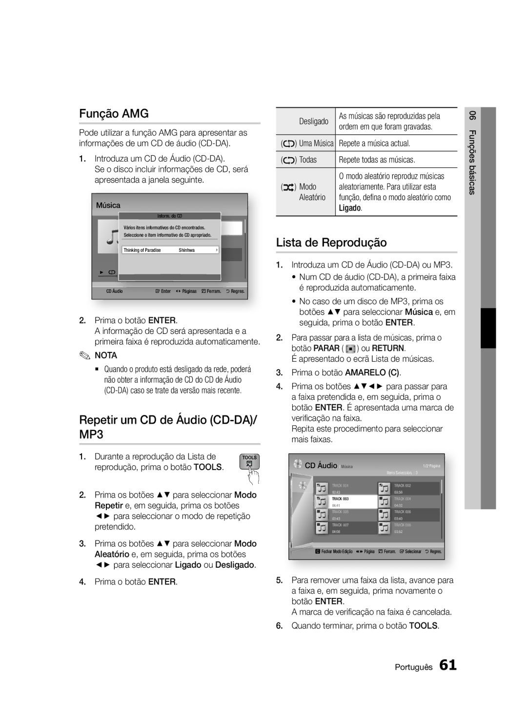 Samsung BD-D8900/ZF manual Função AMG, Repetir um CD de Áudio CD-DA/ MP3, Lista de Reprodução 