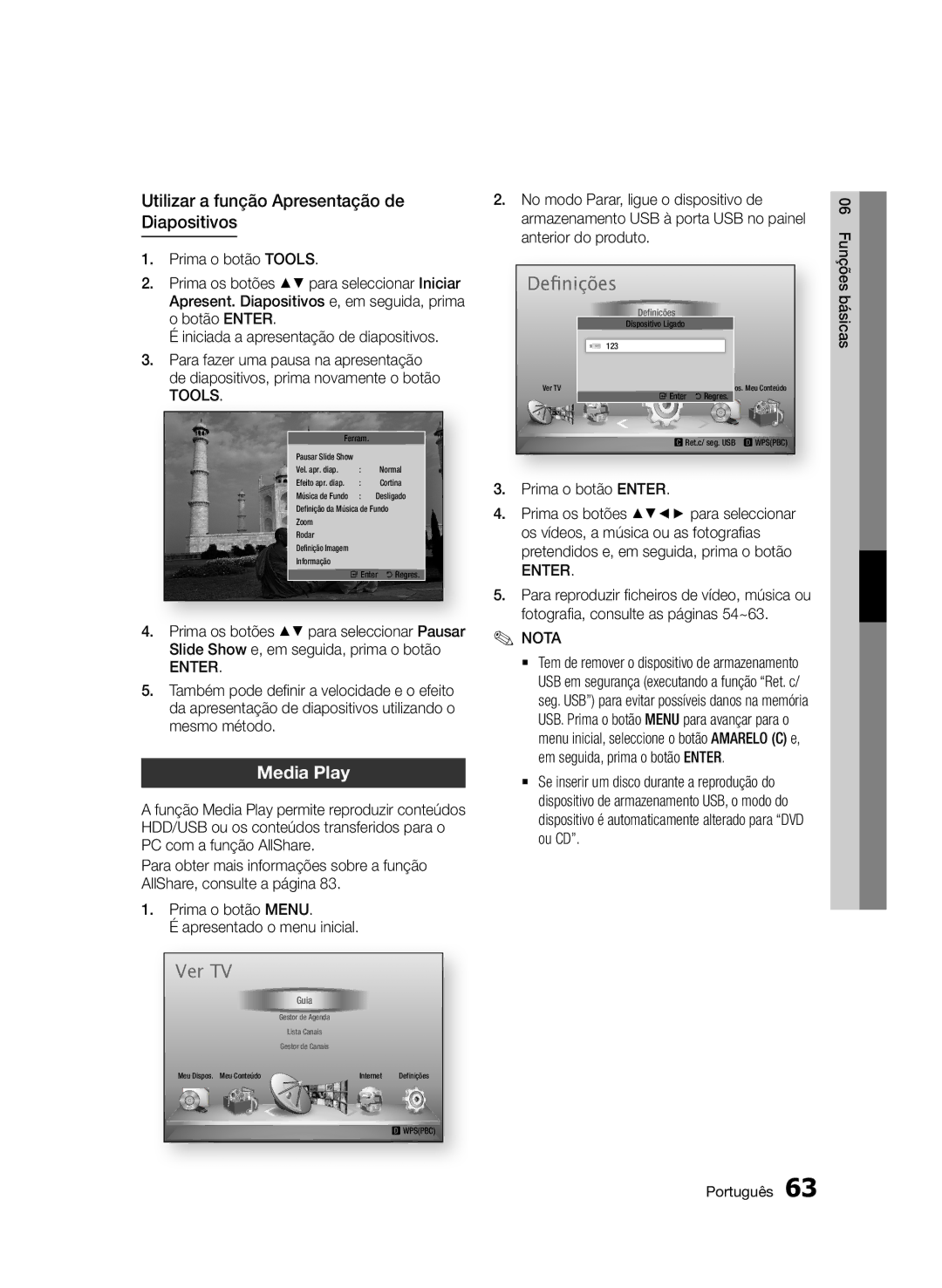 Samsung BD-D8900/ZF manual Utilizar a função Apresentação de Diapositivos, No modo Parar, ligue o dispositivo de 