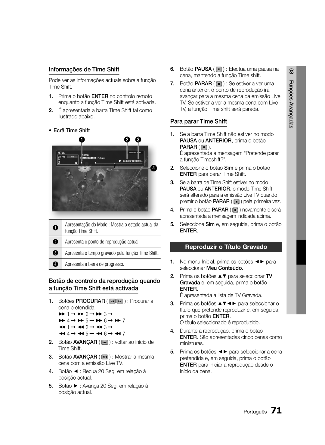 Samsung BD-D8900/ZF manual Informações de Time Shift, Para parar Time Shift, Reproduzir o Título Gravado, Função Time Shift 