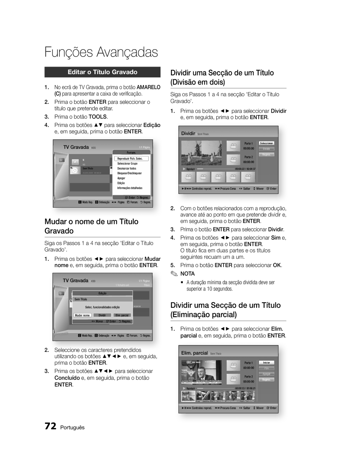 Samsung BD-D8900/ZF manual Mudar o nome de um Título Gravado, Dividir uma Secção de um Título Divisão em dois 