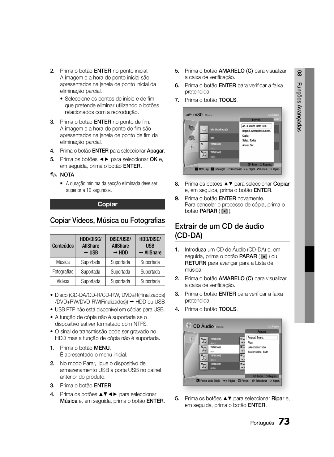 Samsung BD-D8900/ZF manual Extrair de um CD de áudio CD-DA, Função de cópia não é suportada se o, Caixa de verificação 