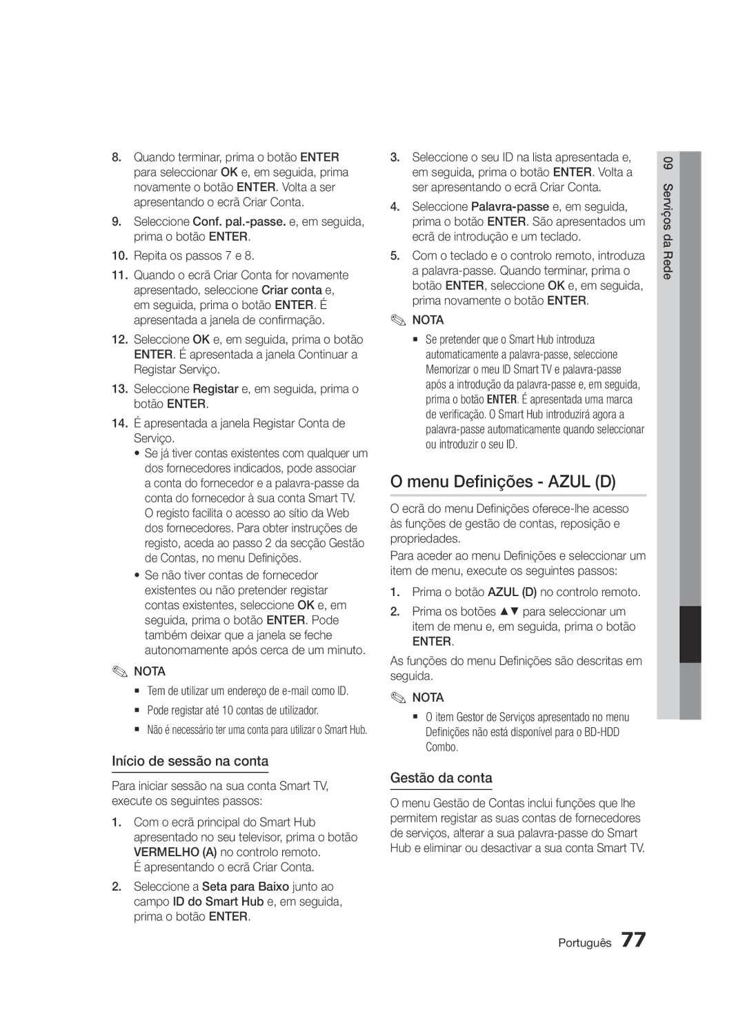 Samsung BD-D8900/ZF manual Menu Definições Azul D, Início de sessão na conta, Gestão da conta 