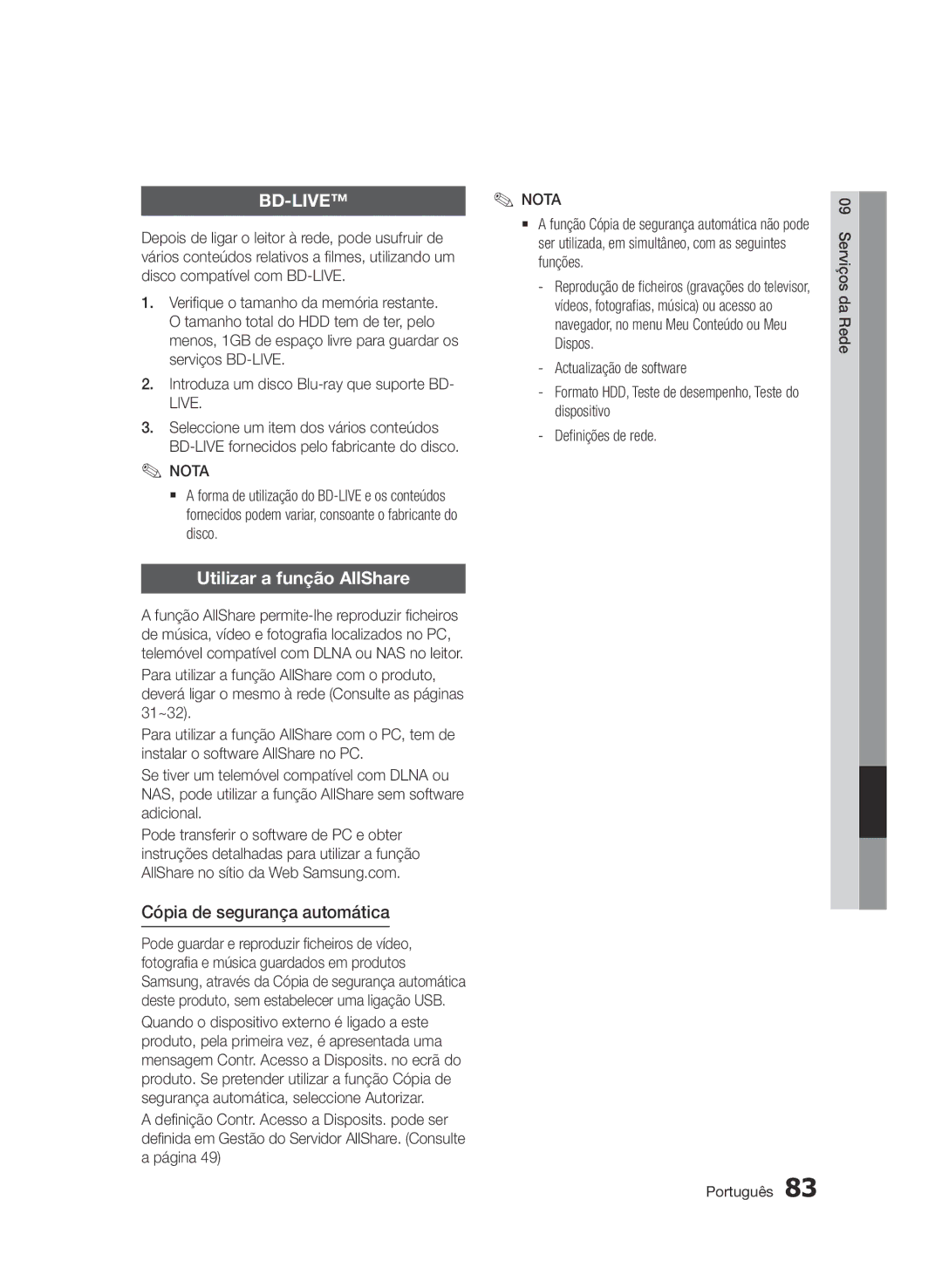 Samsung BD-D8900/ZF manual Utilizar a função AllShare, Cópia de segurança automática 