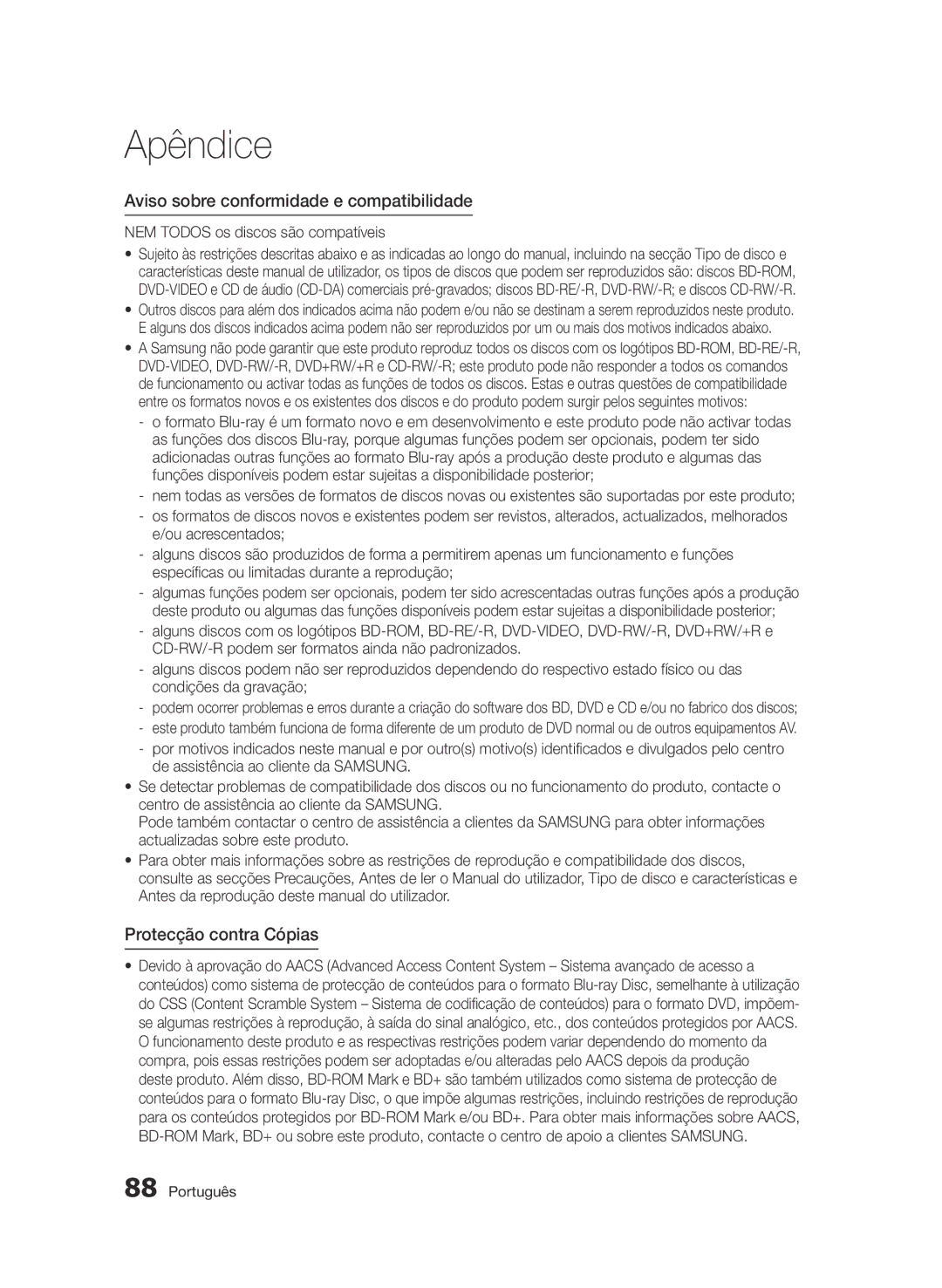 Samsung BD-D8900/ZF manual Aviso sobre conformidade e compatibilidade, Protecção contra Cópias 