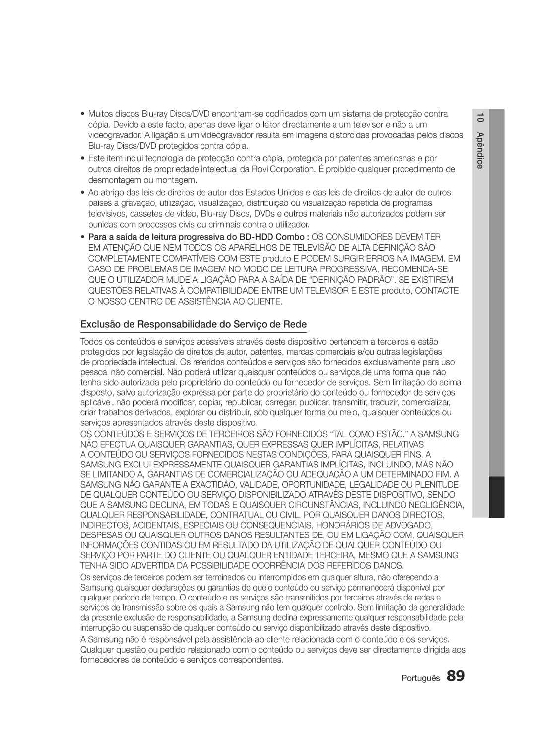 Samsung BD-D8900/ZF manual Exclusão de Responsabilidade do Serviço de Rede 