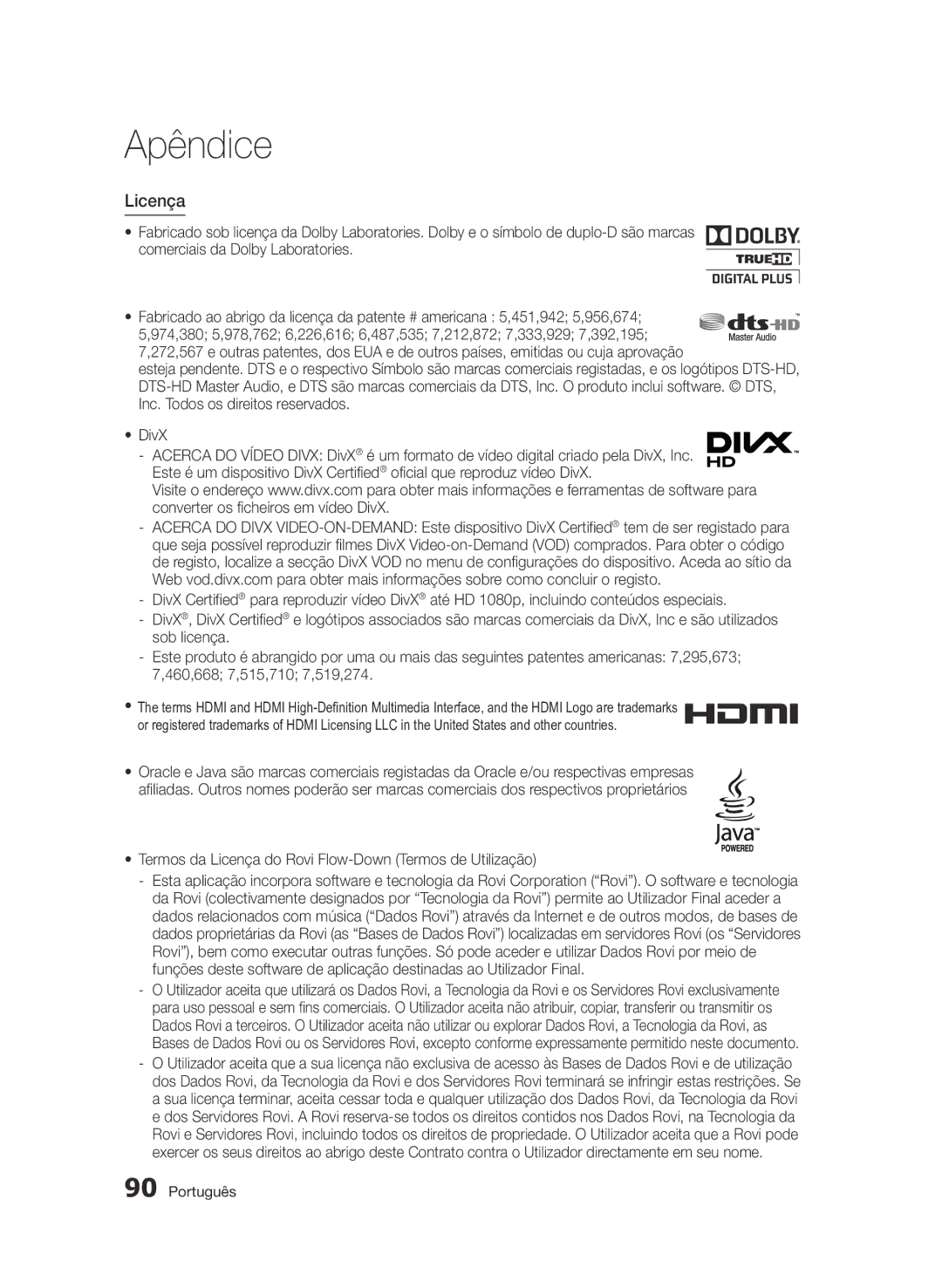 Samsung BD-D8900/ZF manual Termos da Licença do Rovi Flow-Down Termos de Utilização 