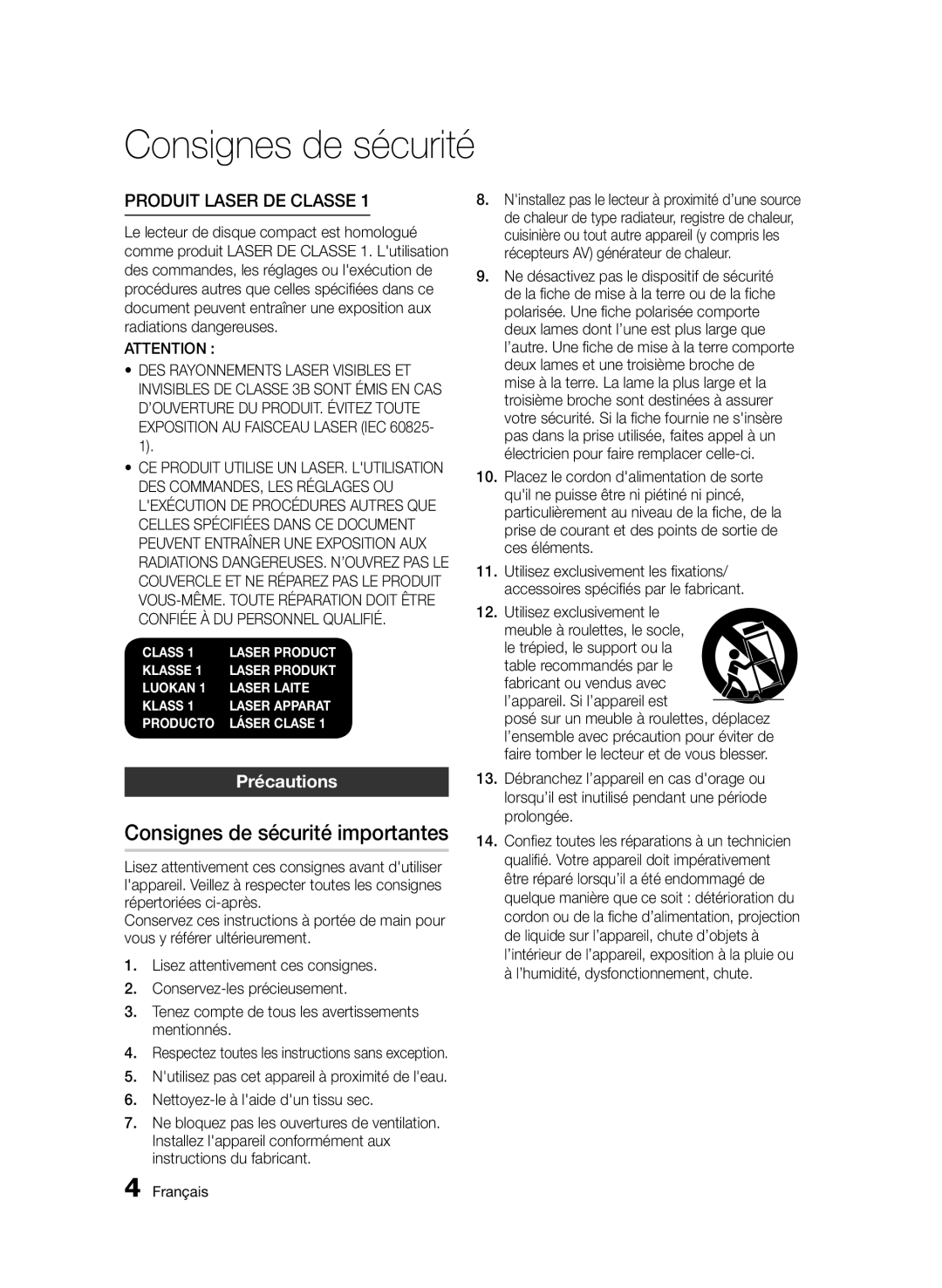 Samsung BD-D8900/ZF Consignes de sécurité importantes, Précautions, Table recommandés par le fabricant ou vendus avec 