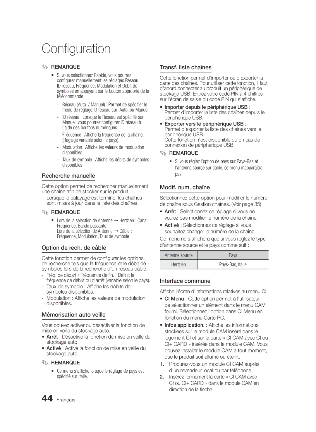 Samsung BD-D8900/ZF manual Recherche manuelle, Option de rech. de câble, Mémorisation auto veille, Transf. liste chaînes 