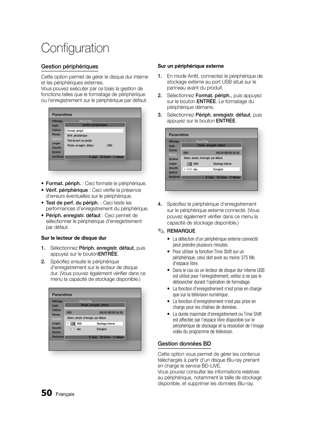 Samsung BD-D8900/ZF manual Gestion périphériques, Gestion données BD, Format. périph. Ceci formate le périphérique 