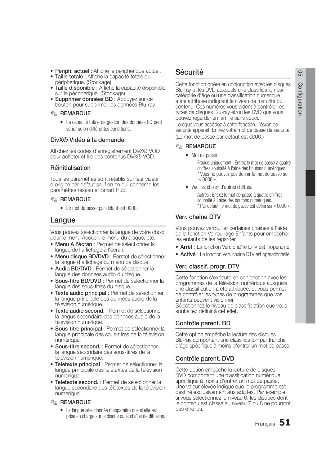 Samsung BD-D8900/ZF manual Langue, Sécurité 