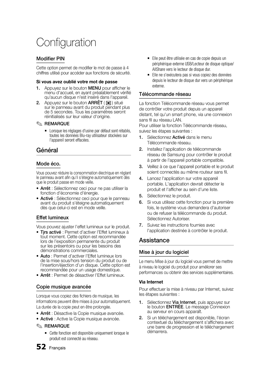 Samsung BD-D8900/ZF manual Général, Assistance 