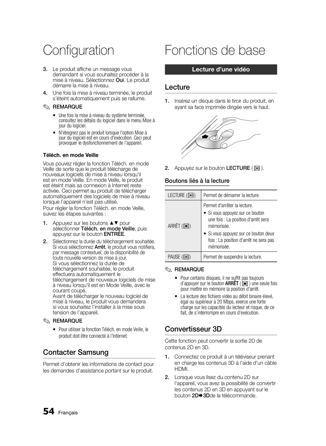 Samsung BD-D8900/ZF manual Fonctions de base, Contacter Samsung, Convertisseur 3D, Lecture d’une vidéo 