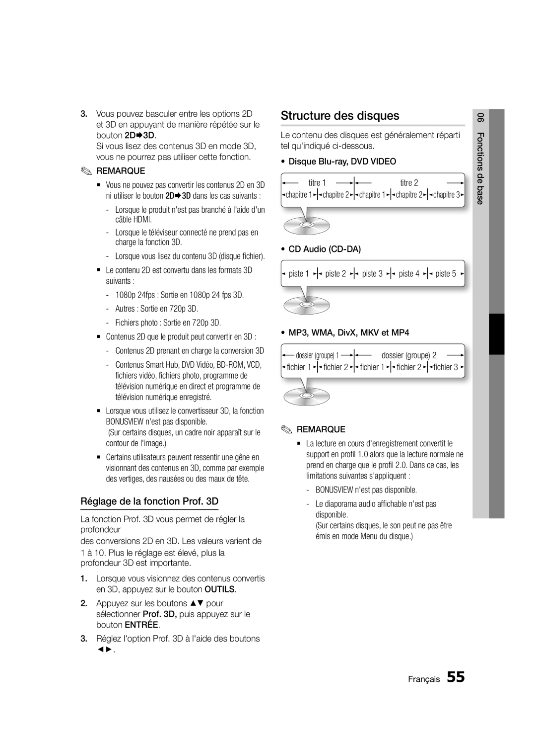 Samsung BD-D8900/ZF manual Structure des disques, Réglage de la fonction Prof D 