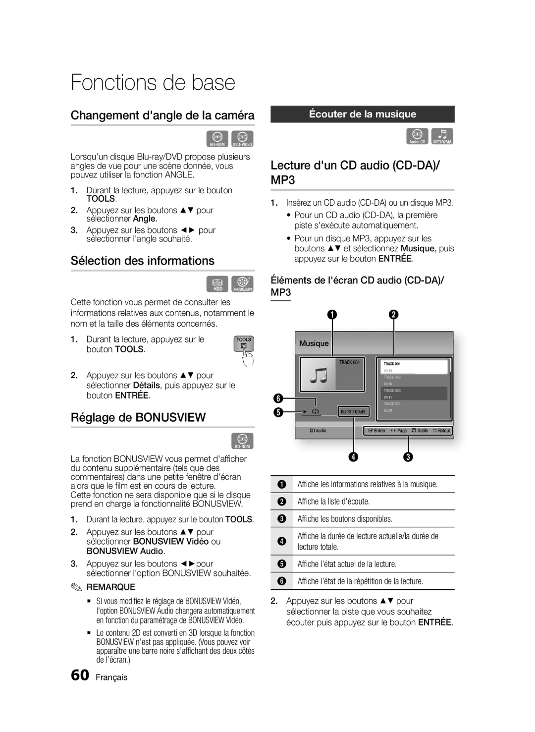 Samsung BD-D8900/ZF manual Changement dangle de la caméra, Sélection des informations, Réglage de Bonusview 