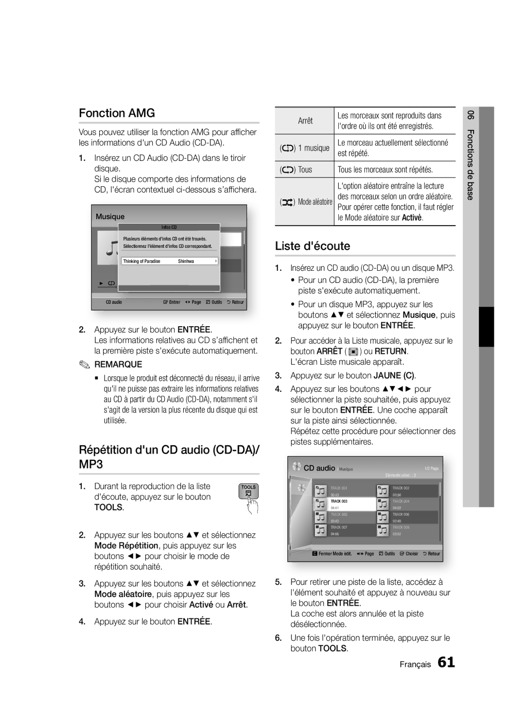 Samsung BD-D8900/ZF manual Fonction AMG, Répétition dun CD audio CD-DA/ MP3, Liste découte 