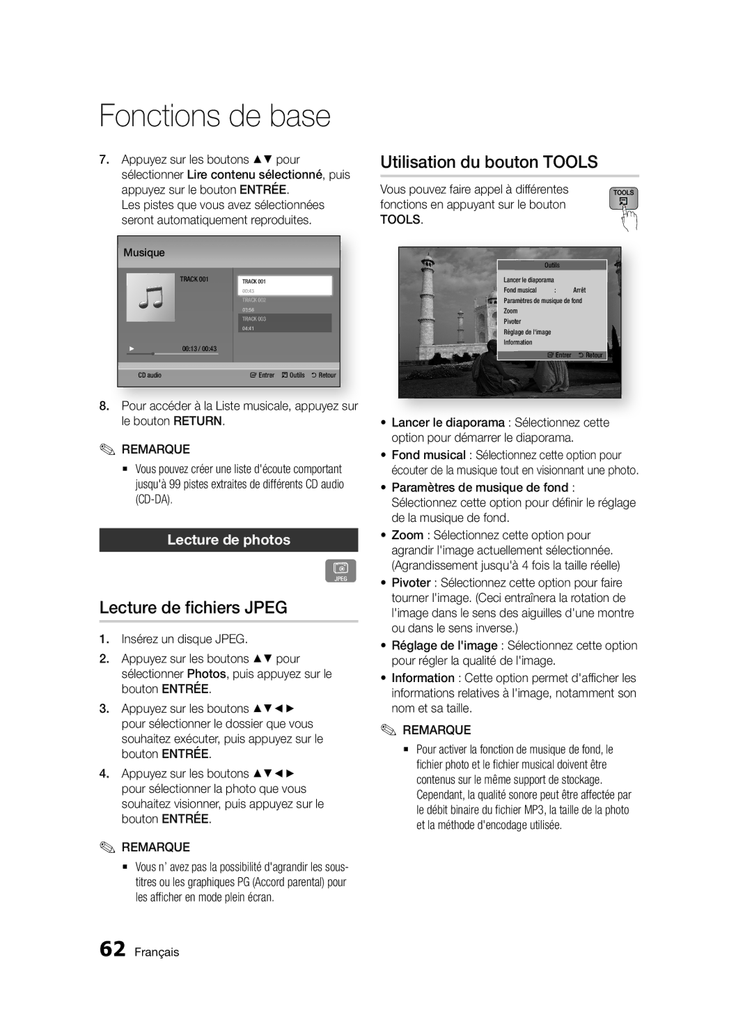 Samsung BD-D8900/ZF manual Lecture de fichiers Jpeg, Utilisation du bouton TOOLS, Lecture de photos 