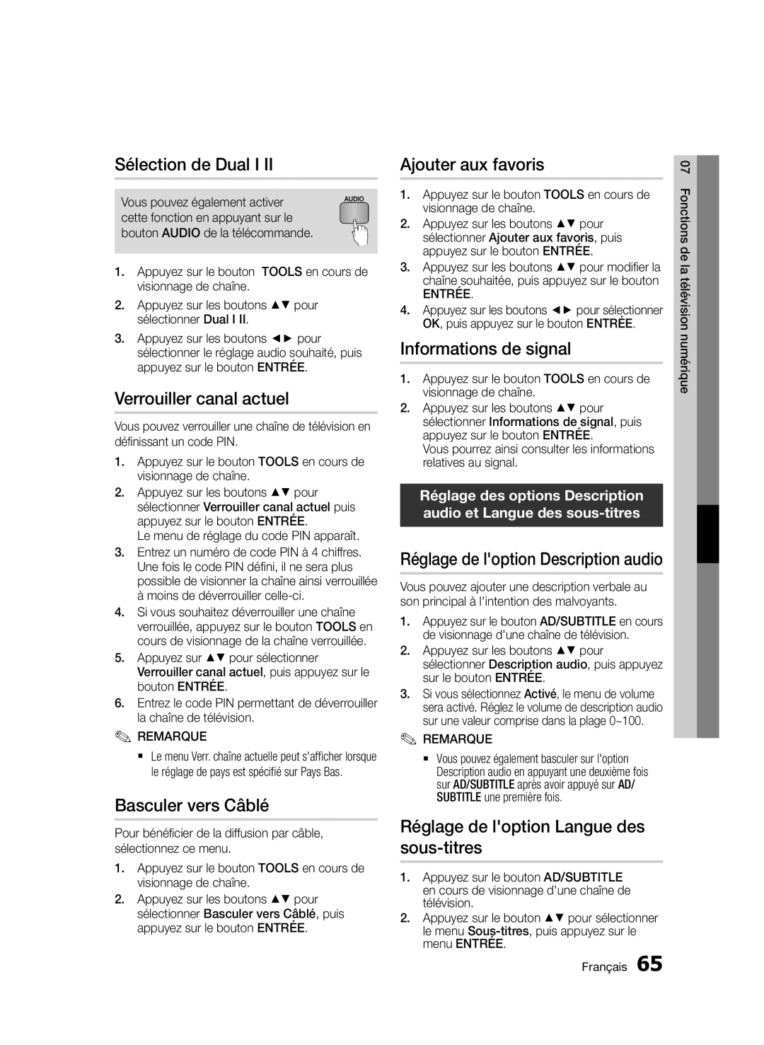 Samsung BD-D8900/ZF manual Sélection de Dual I, Verrouiller canal actuel, Basculer vers Câblé, Ajouter aux favoris 