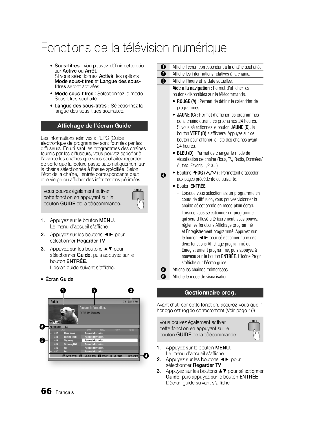 Samsung BD-D8900/ZF manual Affichage de lécran Guide, Gestionnaire prog 