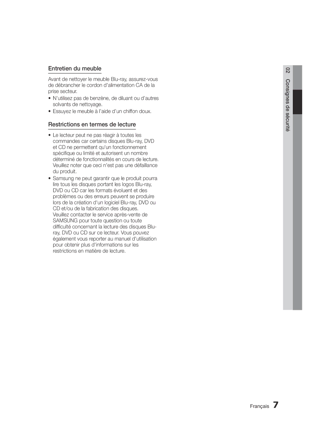 Samsung BD-D8900/ZF manual Entretien du meuble, Restrictions en termes de lecture, Consignes de sécurité Français 