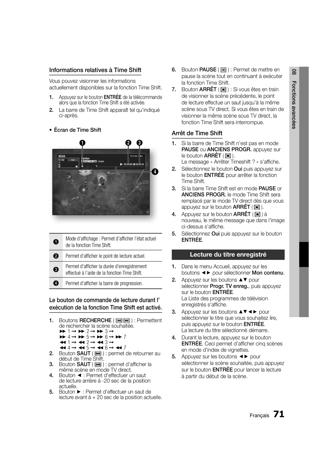 Samsung BD-D8900/ZF manual Informations relatives à Time Shift, Arrêt de Time Shift, Lecture du titre enregistré 