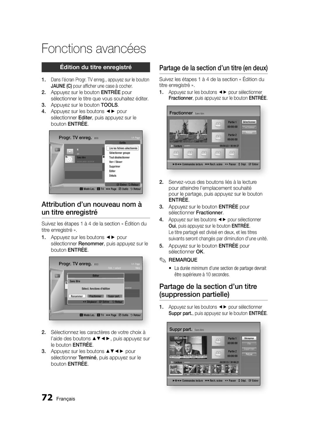 Samsung BD-D8900/ZF manual Attribution d’un nouveau nom à un titre enregistré, Partage de la section d’un titre en deux 