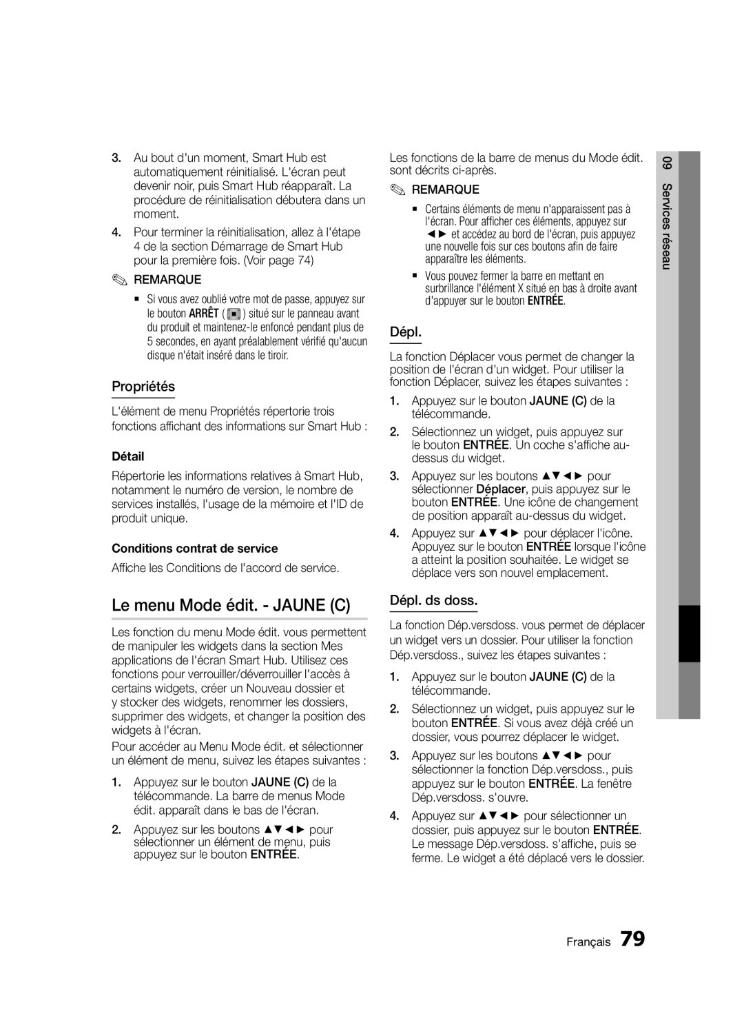 Samsung BD-D8900/ZF manual Le menu Mode édit. Jaune C, Propriétés, Dépl. ds doss 