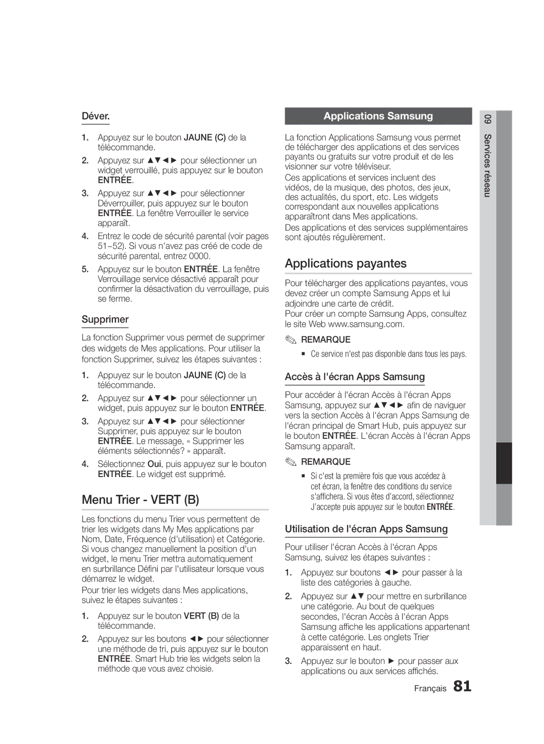 Samsung BD-D8900/ZF manual Menu Trier Vert B, Applications payantes, Applications Samsung 