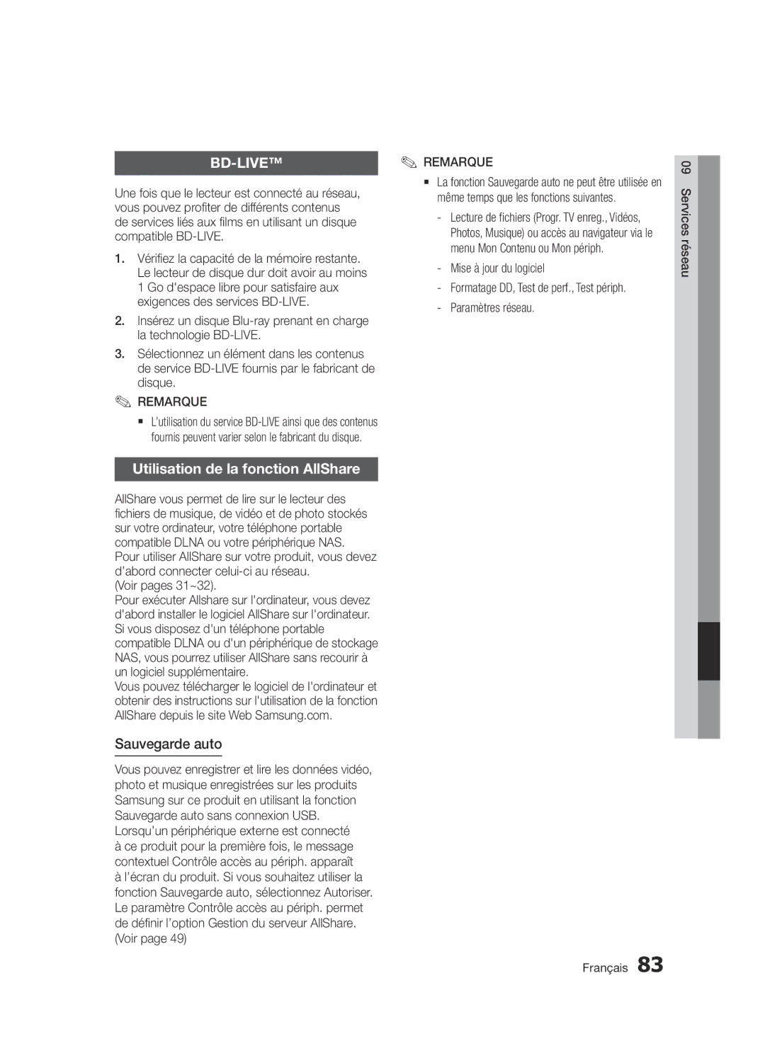 Samsung BD-D8900/ZF manual Utilisation de la fonction AllShare, Sauvegarde auto, Mise à jour du logiciel 