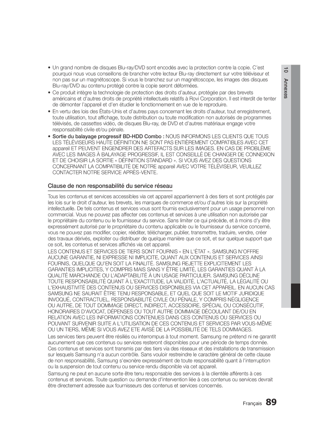 Samsung BD-D8900/ZF manual Clause de non responsabilité du service réseau 